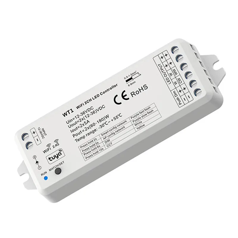 12-36VDC 2CH*5A WIFI RF LEDコントローラーWT1 TUYAアプリLED DIMMER SMART 2.4GワイヤレスリモートプッシュスイッチWW CW CCT