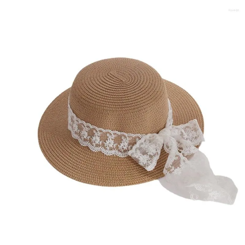 Breite Krempe Hüte Vintage Sonne für Frauen Sommer Reise Anti-UV Strand Spitze Bogen Hut Flache Oberseite Stroh Fedora 2023
