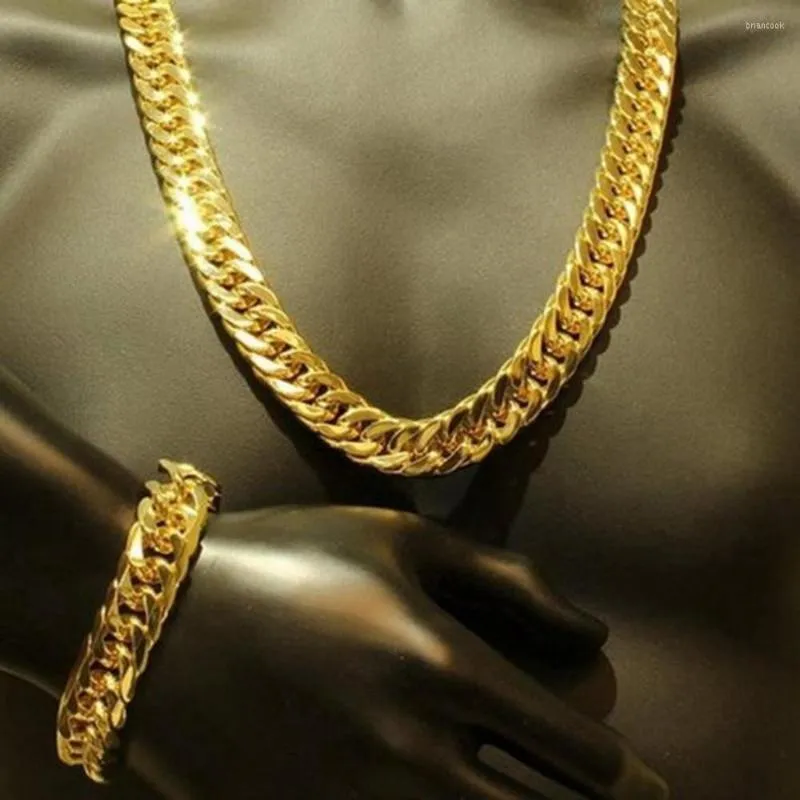 Halsband örhängen set män armband smycken fast riktig 24k guld färg tung tjock man klassisk choker kedja