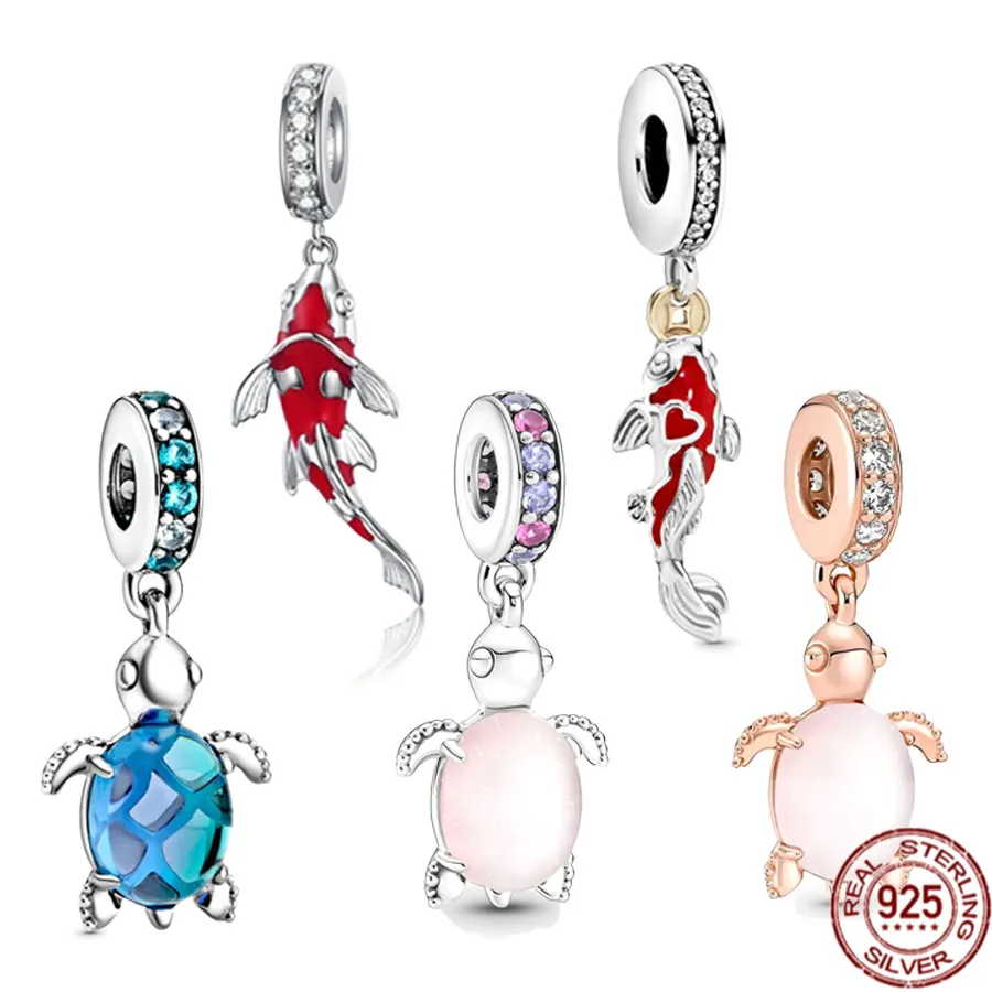 925 Sterling Silber Glück Karpfen Fisch Glas Meeresschildkröte baumeln Charme Perlen passen Original Pandora Armband edlen Schmuck Geschenk