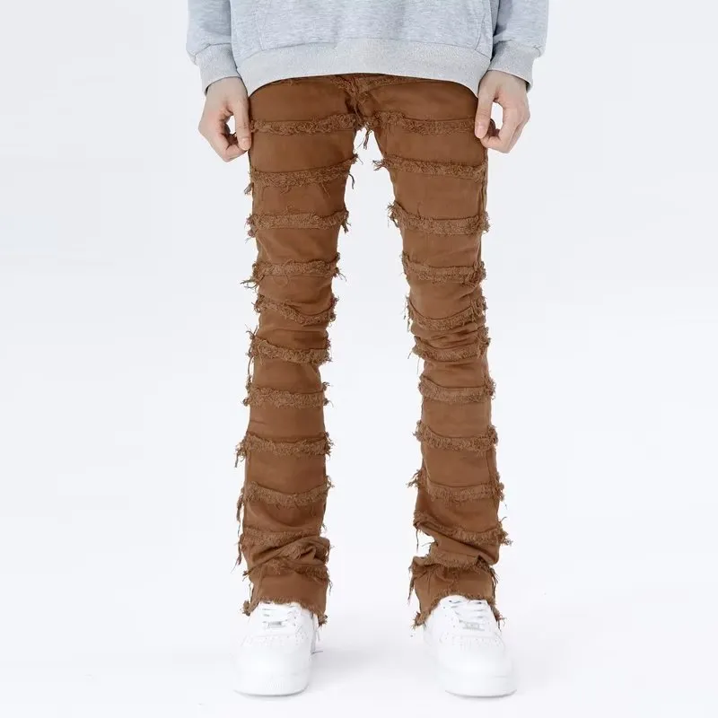 Jeans da uomo Pantaloni da uomo retrò patchwork svasati Pantaloni lunghi strappati impilati selvaggi grunge Pantaloni lunghi dritti Y2k larghi lavati sbiaditi per uomo