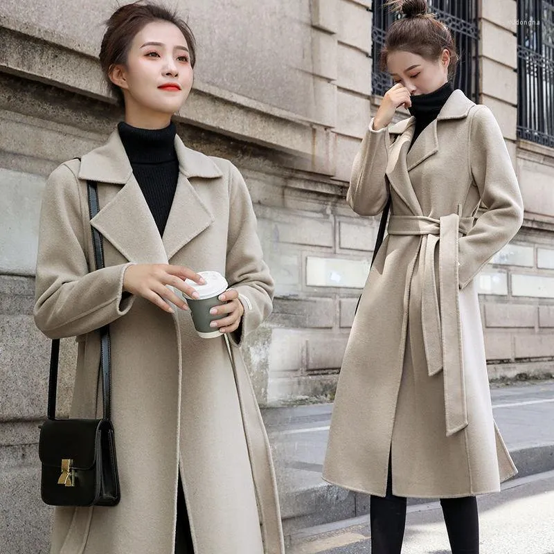 Moda wełnowa czarna wełniana płaszcz wełniany jesień i zima Koreańska Gęsta Losowa, długa kurtka 770