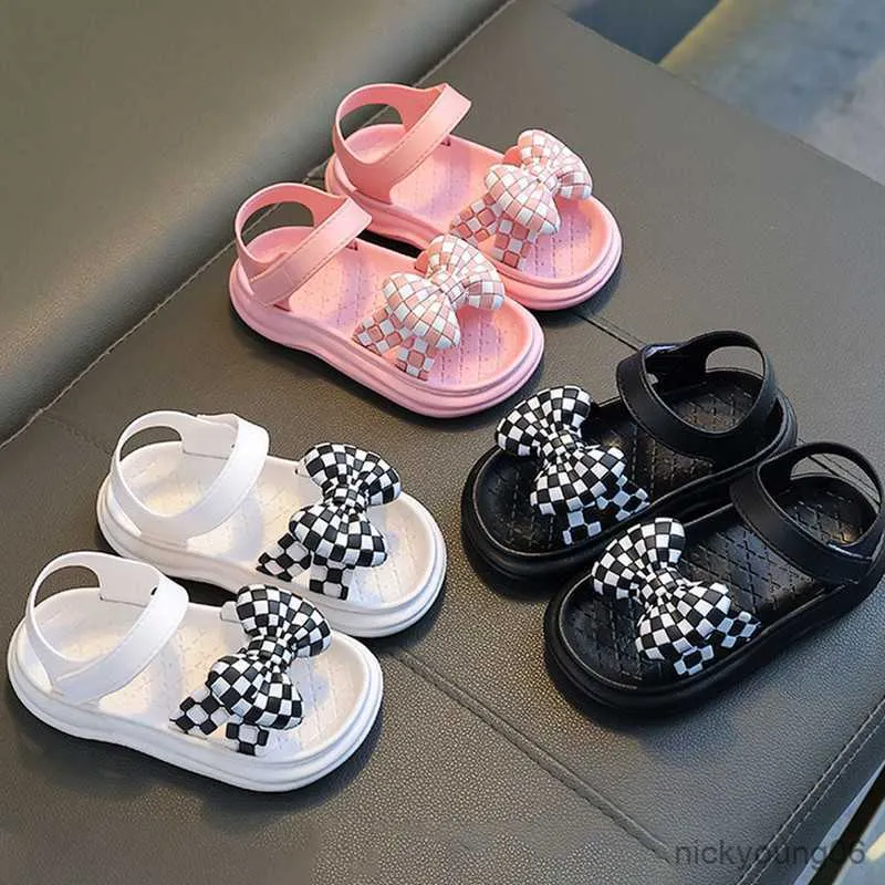 Sandals Kid Girl Sandals Plaid Bow Summer Casual Street Beach Children Female Shoes 2-4 Years Old R230529