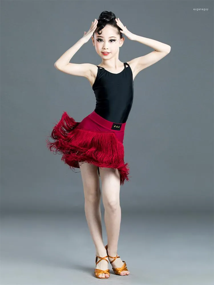 Stage Wear Tassel Fringe Ballroom Pratice Split Latin Dance Dress voor Kid Girl Performance Professional Sumba Red Black Tuchard Rok