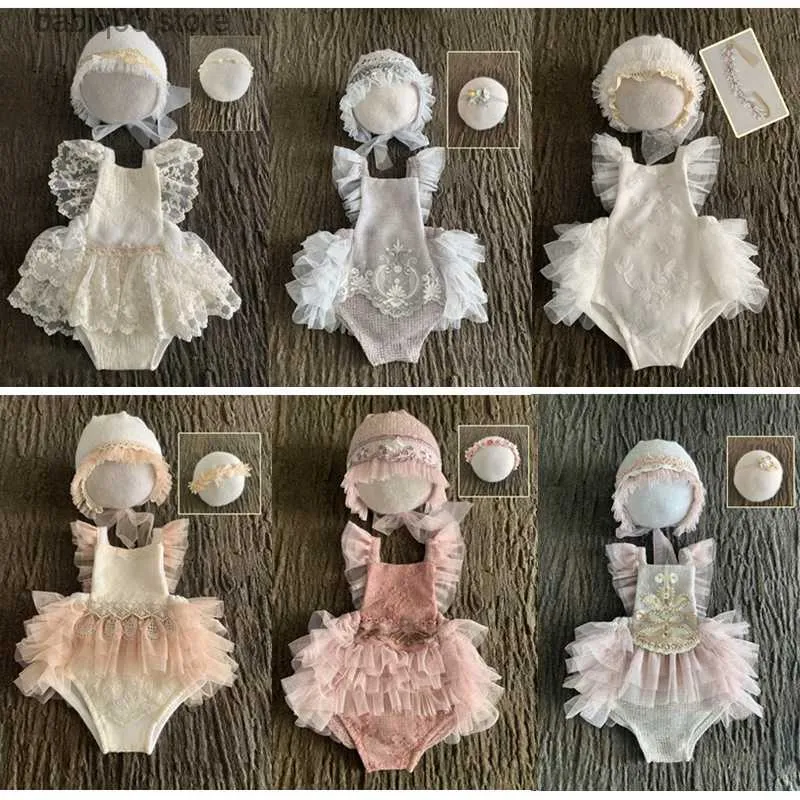 Rompers baby pasgeboren fotografie props Girl Lace Princess Dress Outfit Romper Photography Clothing Headband Hat Accessoires T230529