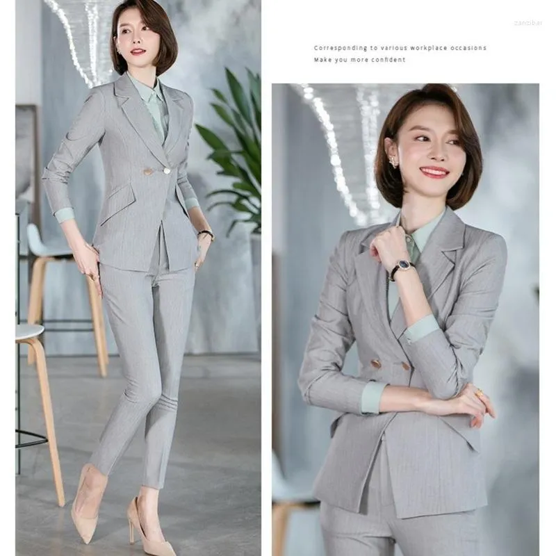 Pantaloni a due pezzi da donna Blazer grigio moda Abiti da lavoro da donna con pantaloni e giacca Set da donna da ufficio Abbigliamento da lavoro Uniforme Stili OL