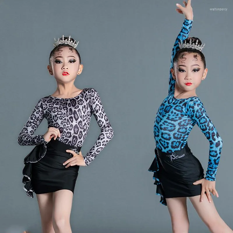 Stage Wear Kids Dancing Clothes Girls Long Sleeve Leopard Print Top Ruffle Latin Skirt Dance Competition Dress SL5540