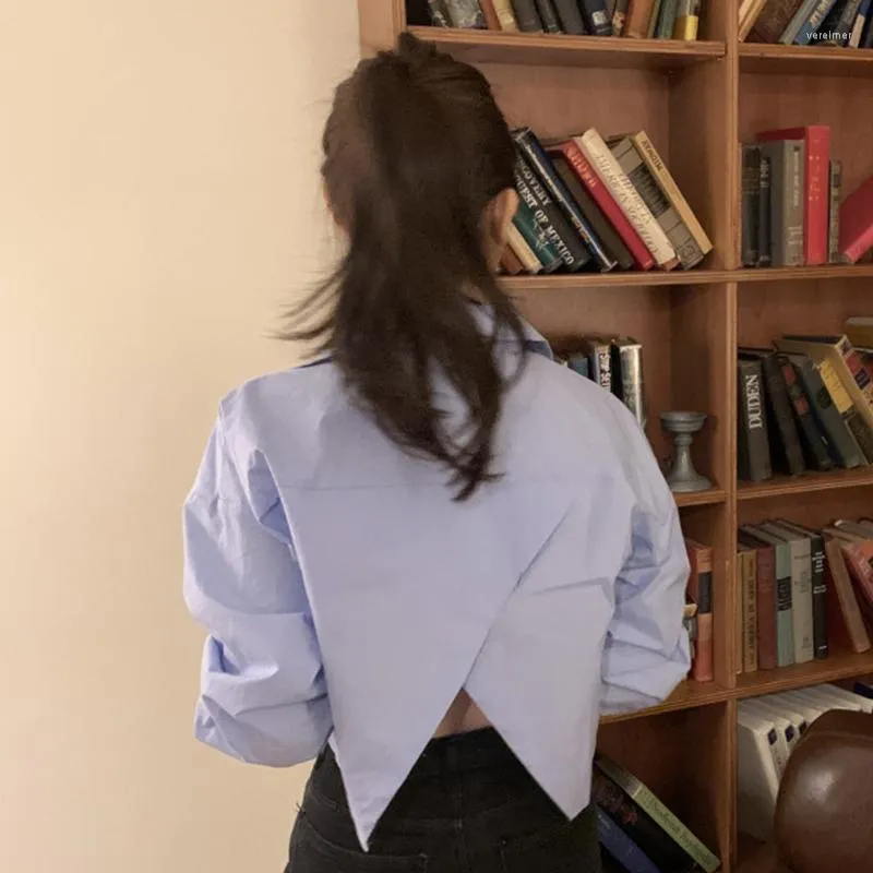 女性のブラウスwdmsna秋のラペルカミサデュージャーバックスプリットルース女性シングルブレスト韓国のシックロングスリーブショートレディースシャツ