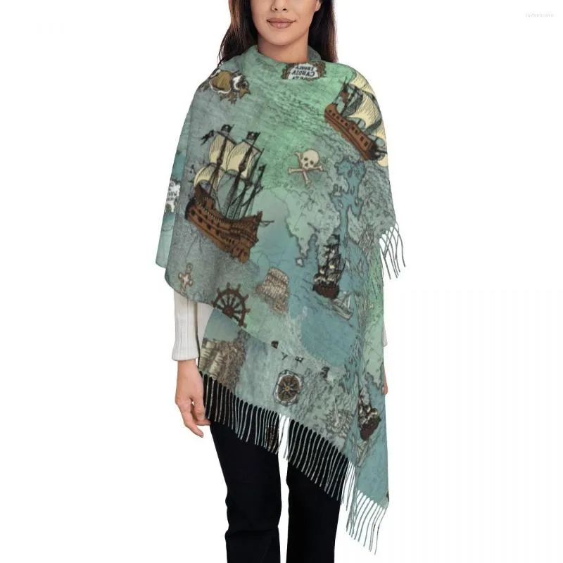 Scarves Luxury Pirate Map Nautical Sea Print Tassel Scarf Women Winter Fall Warm Shawl Wrap Female Skull Sailor