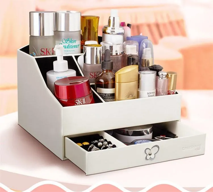 Bathroom Storage & Organization PU Makeup Organizer Two-Layers Jewelry Box Cosmetic Lipstick Black White Table