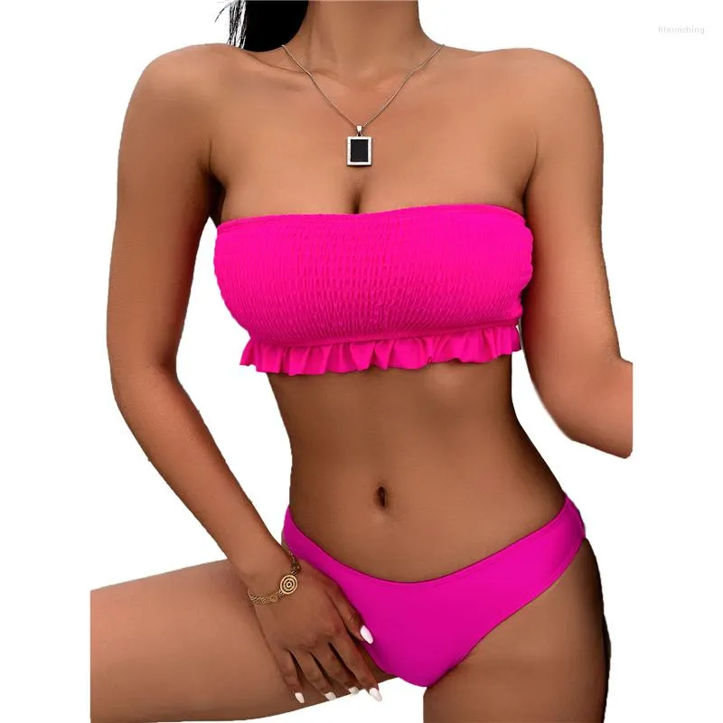 Costumi da bagno da donna Xingqing Estate Costume da bagno da donna Bikini con volant Patchwork Balza con spalle scoperte Senza maniche Push Up Imbottito Slip a vita media