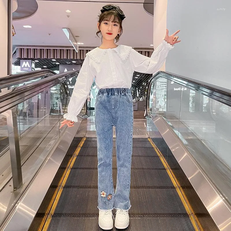 Clothing Sets 2023 Fashion Spring Kids 5 6 7 8 9 10 11 12 13 14 Years Old Elegant Girls Suit Blouses Flare Pants Jeans Outfits