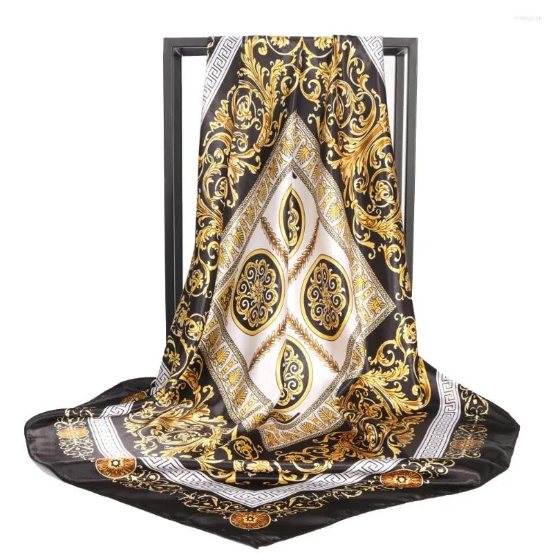 Scarves Wholesale Vintage Black Gold Silk Scarf Women Large Shawl Stoles Square Bandanna Female Foulard Hair/Head