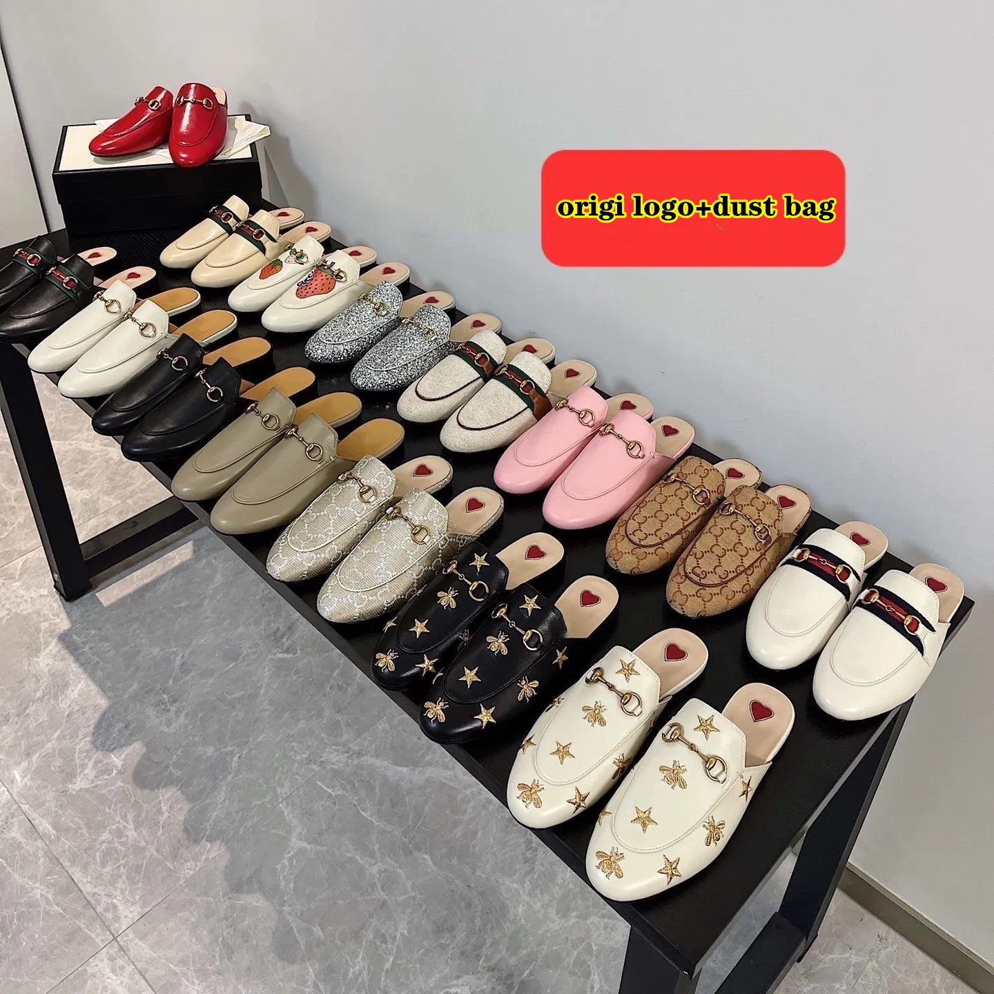 Classique Femmes Pantoufles Plates Chaussures Décontractées En Cuir De Vachette Boucle En Métal Lady Mules Princetown Hommes Imprimé Trample Paresseux Diapositives Mocassins Grande Taille 34-44