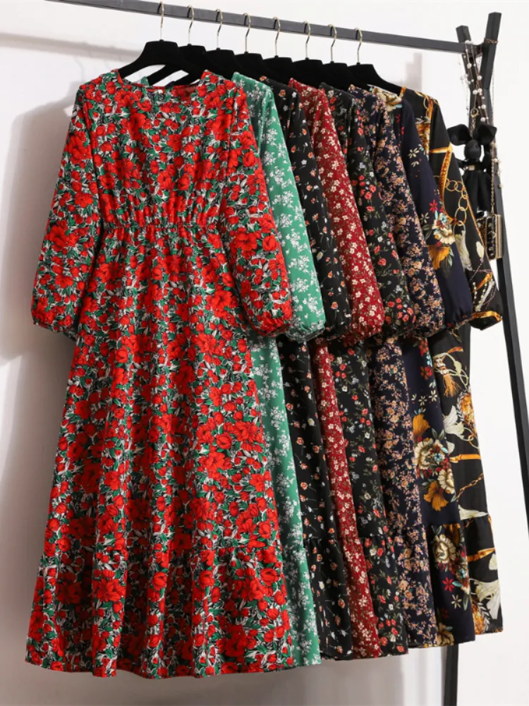 Ubranie etniczne jesienne wiosna sukienki szyfonowe żeńskie pełne rękawie vintage drukowane kwiatowe kwieciste muzułmańskie sukienki Kobiety maxi sukienki vestidoes 230530