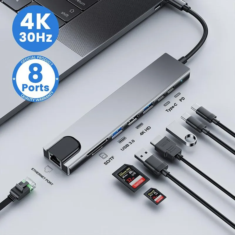 Hubs USB C HUB OTG Multi Splitter 8 Ports PRED Зарядка для MacBook Pro Air Adapter с TF/SD Card 4K 30 Гц HDMICATAIL -PC HUB RJ45