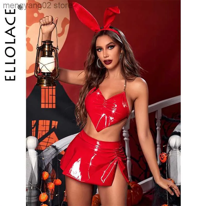 Sexy set Ellolace Halloween Lingerie Bunny latex Cosplay Sexy komt 4-delige strings Halter lederen sissy ondergoed nachtclub outfit T230530