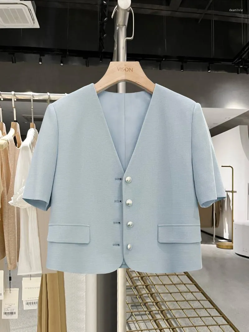 Kvinnors kostymer svart blazer lady 2023 sommar koreansk enkelbröst beskuren jacka elegant mode kort ärm beige casual blå