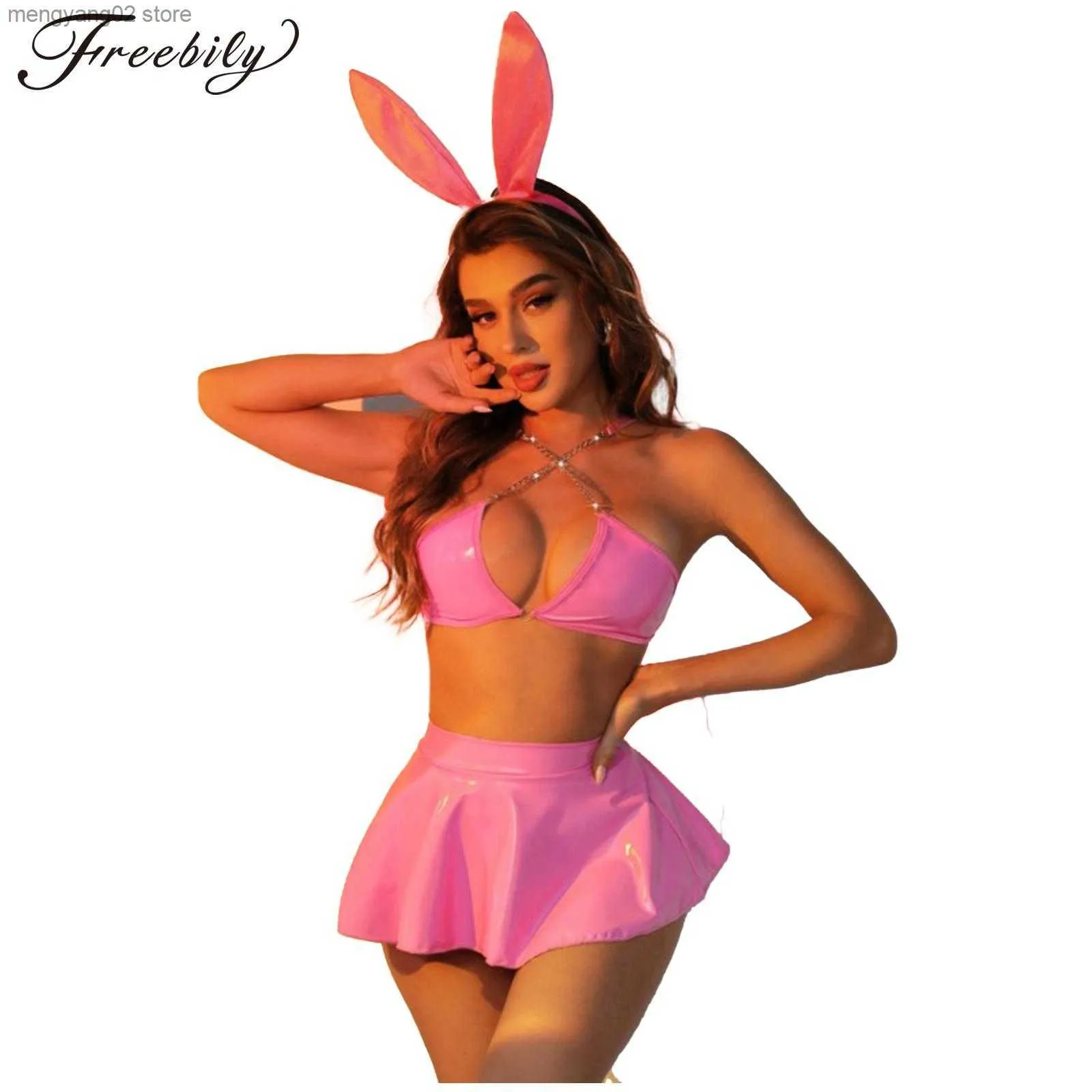 Sexy Set Womens Sexy Bunny Cosplay Come Wet Look Lingerie en cuir verni avec couvre-chef Halloween Party Discothèque Dress Up Vêtements T230530