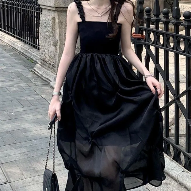 Casual Dresses Houzhou Korean Fashion Lace Slip Black Dress Women Gothic Backless Corset Fluffy Mesh Elegant Party Parted Harajuku