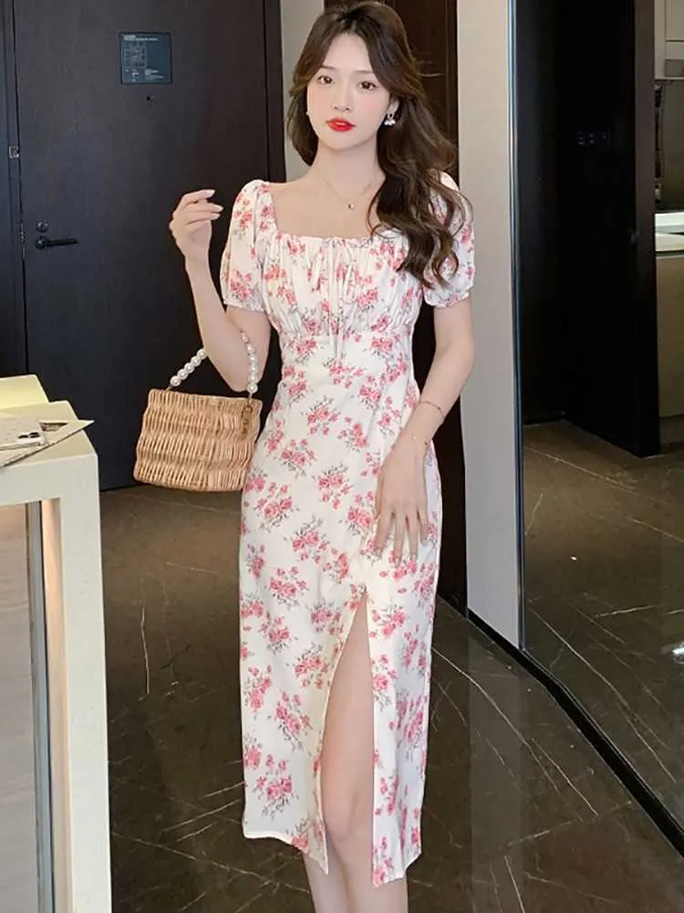Pink Floral Short Sleeve Square Collar Knee-Length Dress with Empire Waist  and Zipper Closure for Summer from Dhgate Basic & Casual Dresses - price  20.62