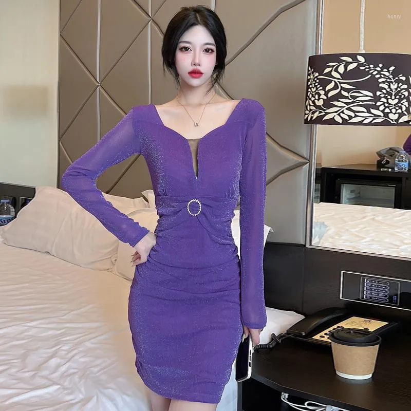 Casual Dresses Spring And Autumn Fashion Solid Color Sexy Shiny Gauze Mesh Dress Women's High Waist Slim Slimming Pleated Hip A-line