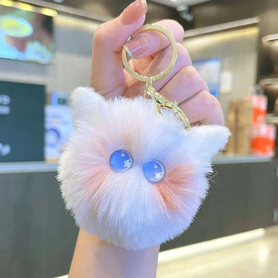 Lovely Plush Ball Cat Keychains Cute Candy colors Pompom Artificial Rabbit Fur Key Chain Women Car Bag Key Ring