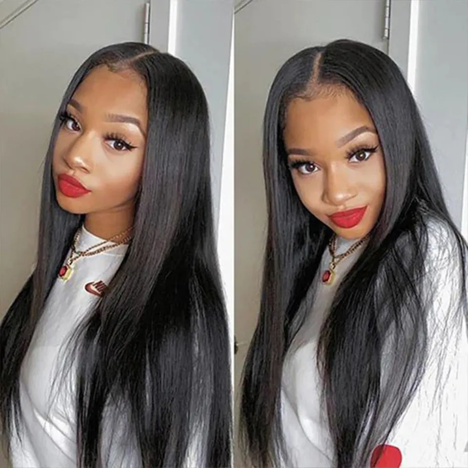 180% Density Girl Long Straight V U Part Human Hair Wig No Glue No Lace Mechanism Brazilian Wig Black Woman Wig