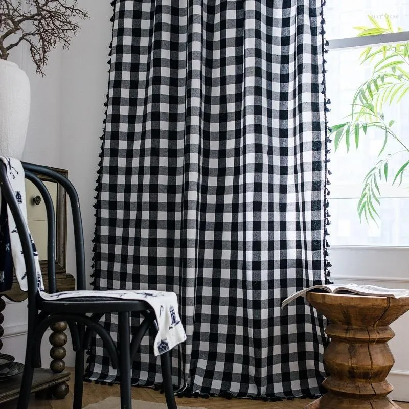 Curtain Finished Black And White Lattice Fringe American Small Window Kitchen Cotton Linen Semi-shading Bay