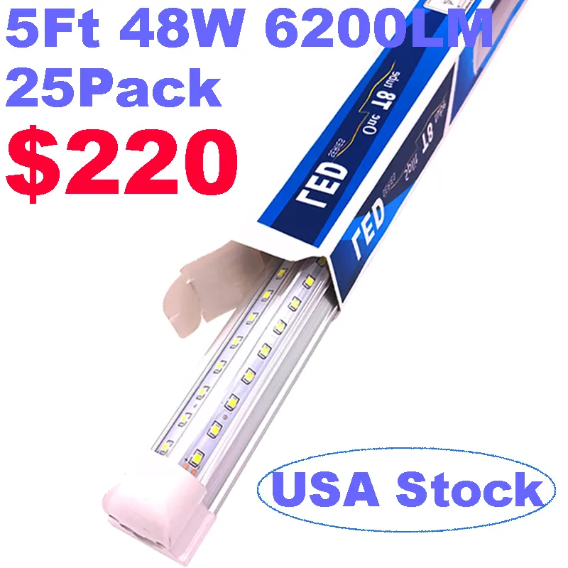 Stock In USA V Shapeds 48W 5FT T8 LED Lights Tubes Integrated Cold White 6200LM Clear Cover Cooler Door Shop Lamp Garage AC 85-265V crestech