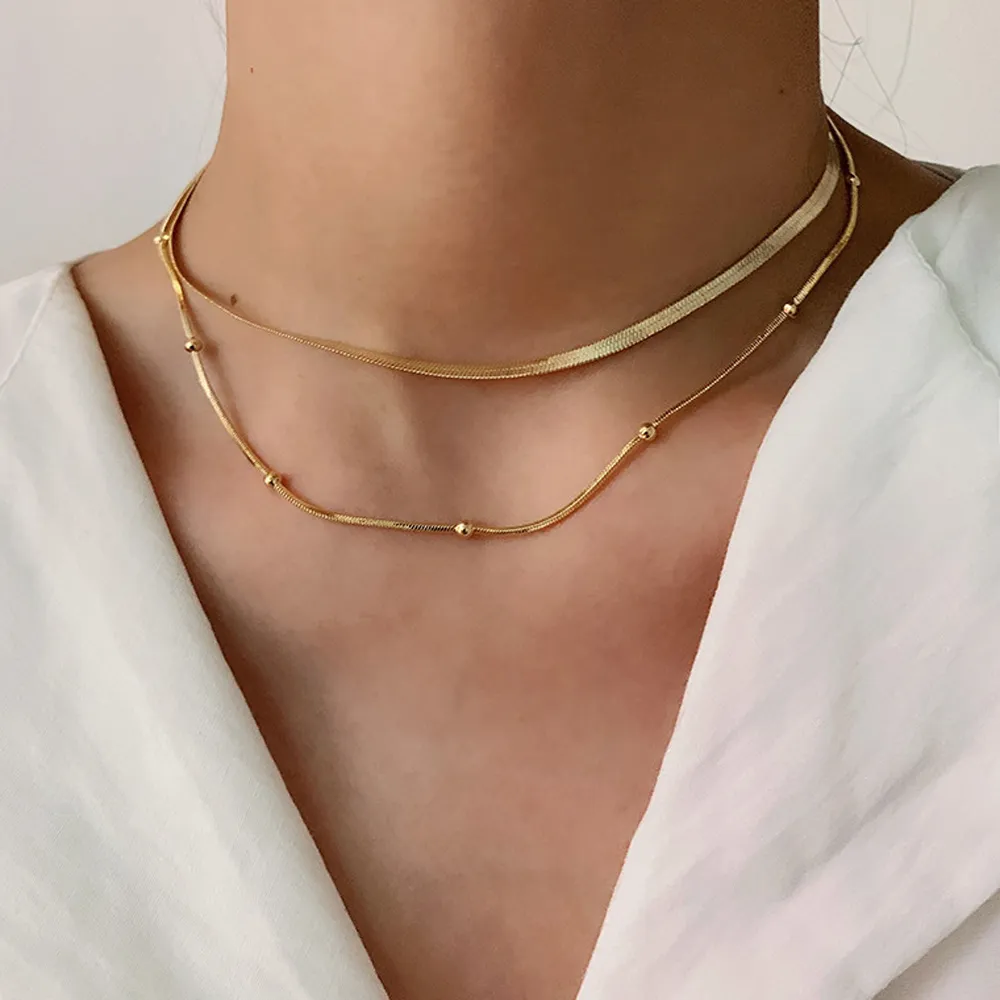 Elegant 18K Real Gold Plated Choker Necklace Double Layer Snake Chain Necklaces For Women Wedding Jewelry Gift Luxury Accessory Wholesale