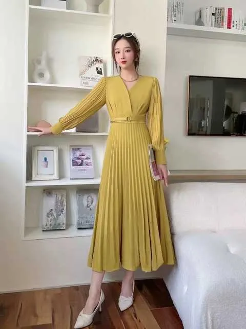 Pleated Long Sleeve A-line Maxi Dress Women with Belt Abiti Eleganti Donna Cerimonia Robe Longue Dos Nu Vestidos Largos