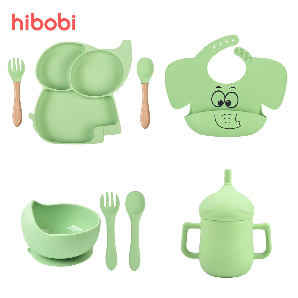 Tasses Vaisselle Ustensiles 3/6/8 PCS Bébé Doux Silicone Ventouse Assiette Éléphant Imprimé Bavoirs Antidérapant Vaisselle Bol Enfants Vaisselle Ensembles Sans BPA 230530