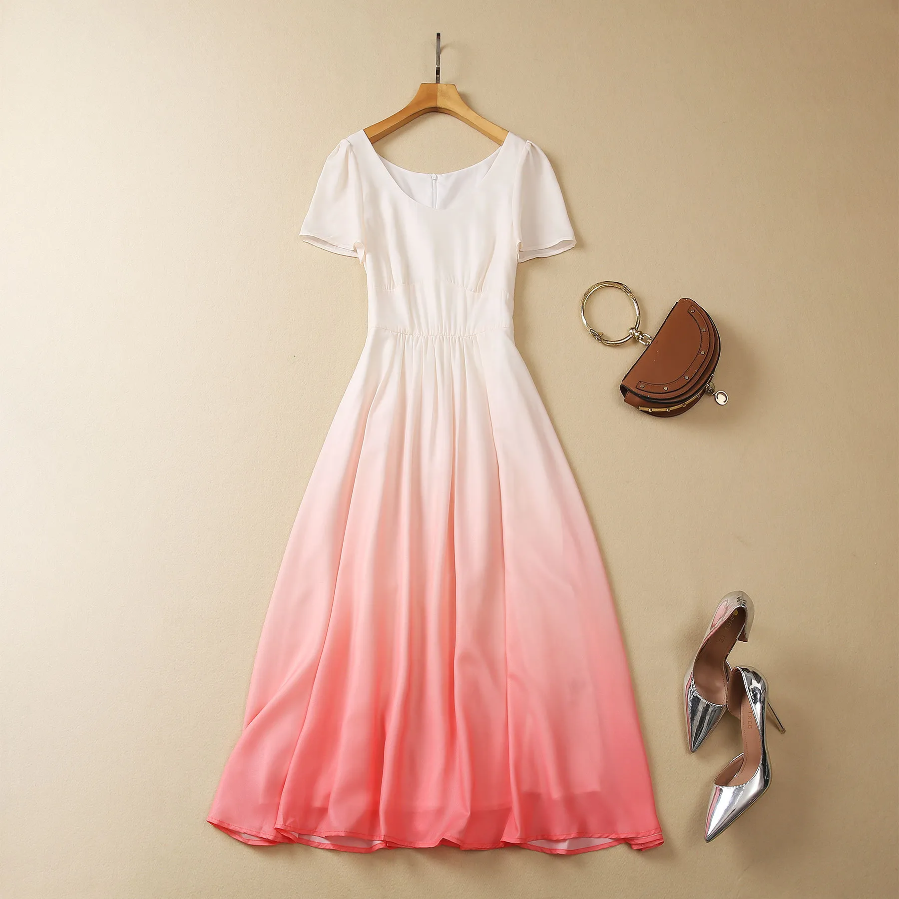 2023 verano rosa / azul degradado color panelado vestido manga corta escote redondo Midi vestidos casuales S3W270525