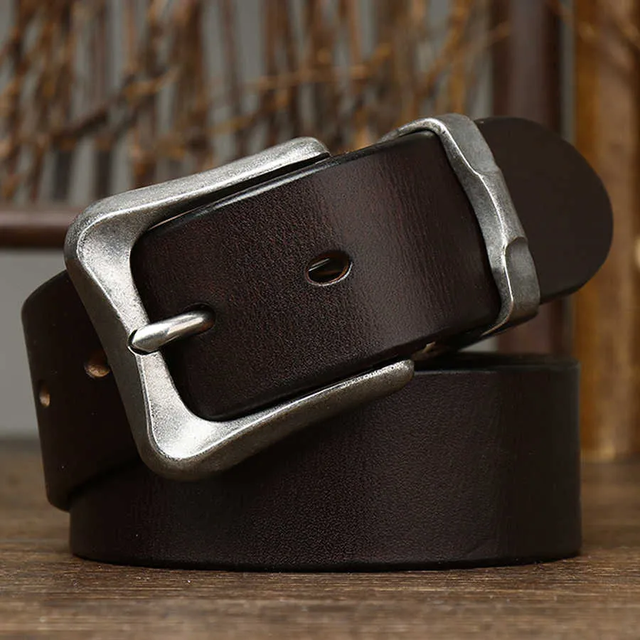 3.8CM thick vintage jeans real leather heavy-duty stainless steel buckle men's waist denim belt G230529