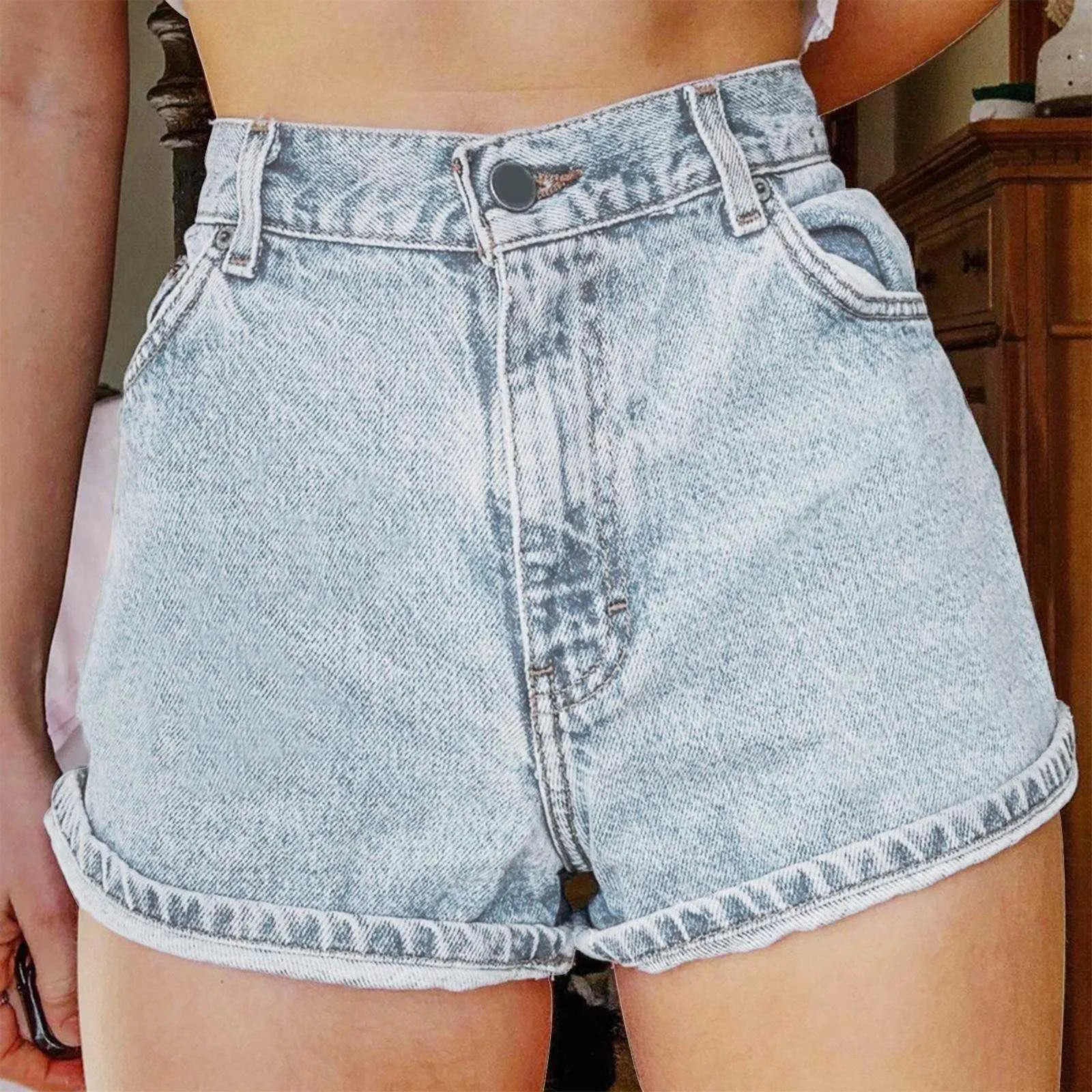 Shorts Damen Plus Size Sommer zerrissene mittelhohe Stretch-Jeans Jeansshorts mit weitem Bein P230530