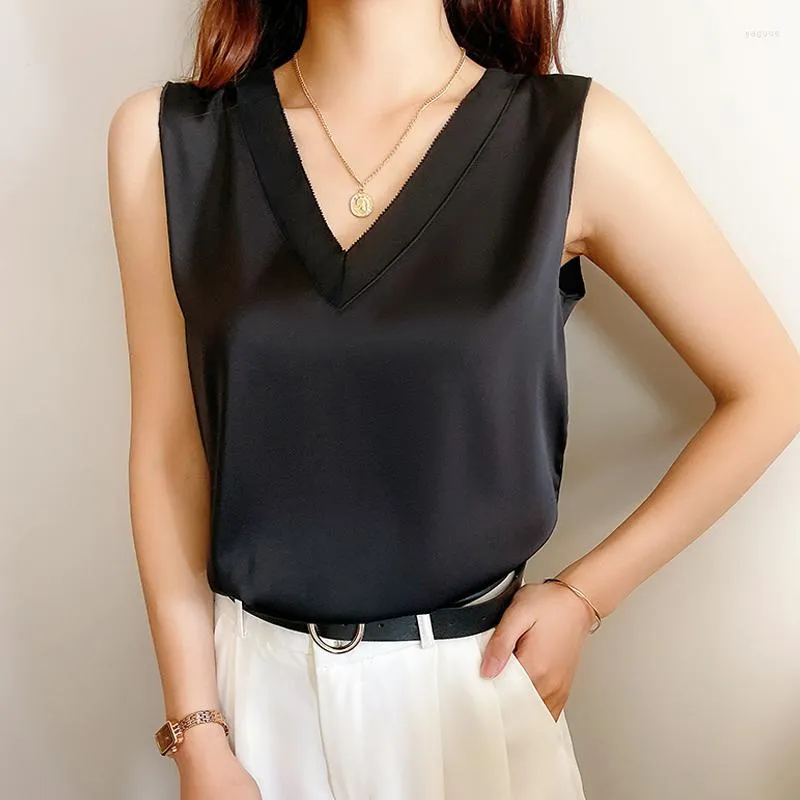 Women's Blouses Elegant Lace Shirt And Blouse 2023 Fashion V-neck Sleeveless Satin Tops Women Summer Youth Silk Tank Top Blusas Para Mujer