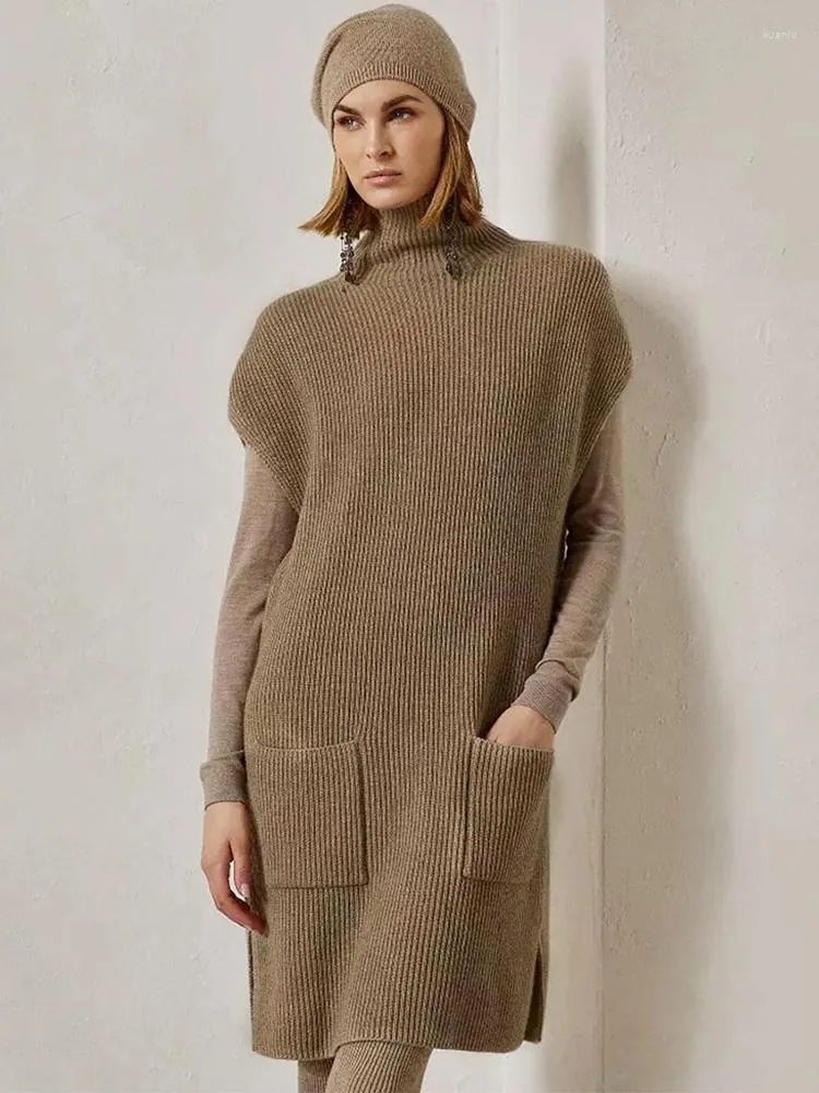 Casual Kleider CamKemsey Echt Wolle Pullover Kleid Frauen Chic Rollkragen Herbst Winter Ärmellose Weiche Kaschmir Gestrickte Gerade