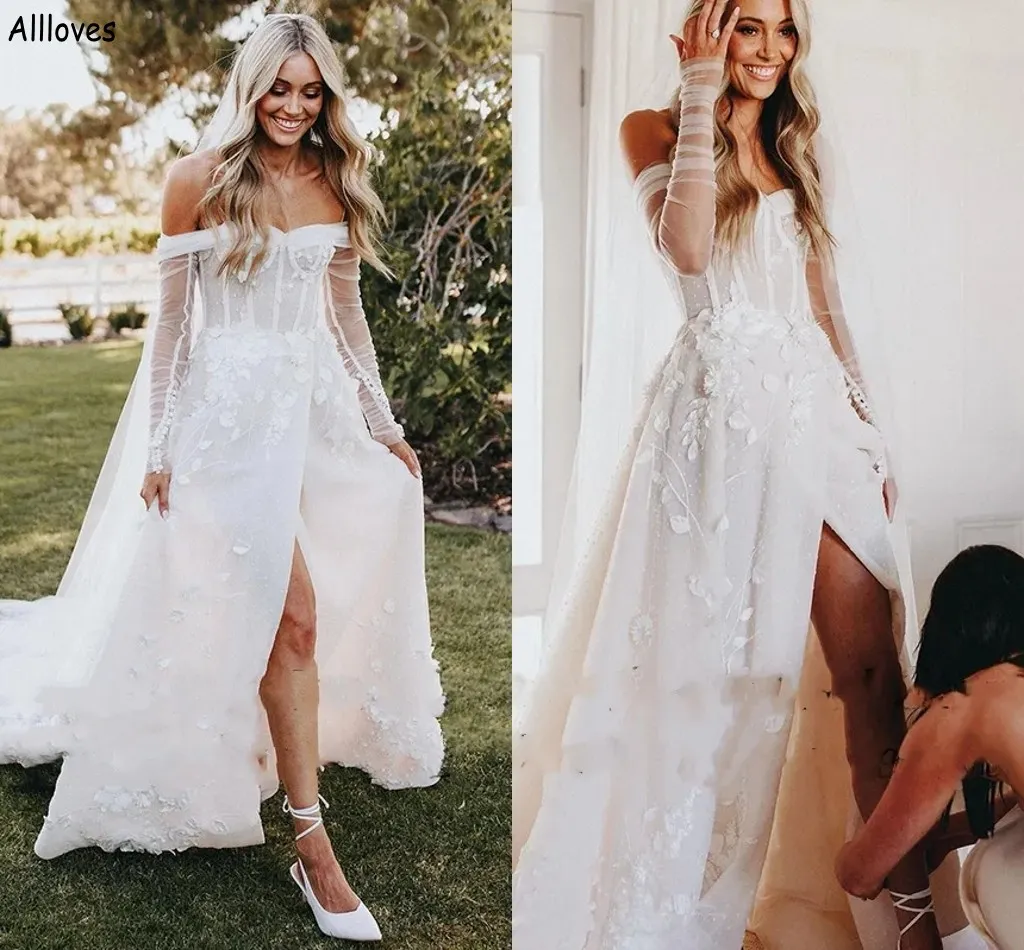 Böhmen Floral Lace Appliciques Wedding Dresses A Line Illusion Long Hidees With High Split Bride Bowns Modern Plus Size Sexy Bridal White Reception Dress Robe CL2328