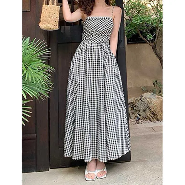 Summer Plaid Dress Korean Fashion, Vintage A-Line, Spaghetti