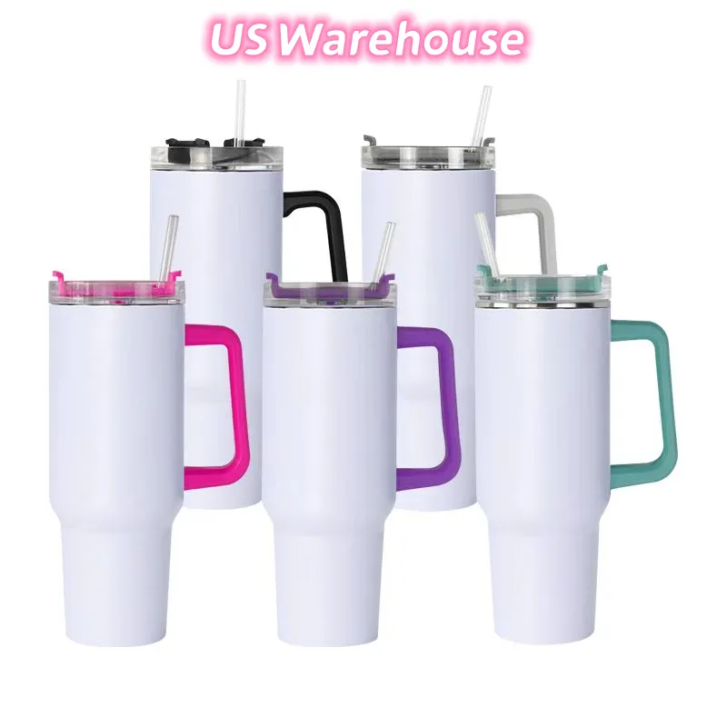 US WAREHOUSE 40oz Sublimation Tumblers with Colored Handle Stainless Steel Water Bottle Portable Outdoor Sports Cup Insulation Travel Vacuum Flask Bottles Z11