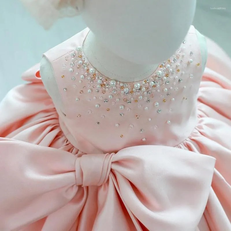 Robes de fille robe née pour la fête de mariage perlé rose Tulle bébé baptême enfant en bas âge 1 ans infantile robes d'anniversaire vêtements