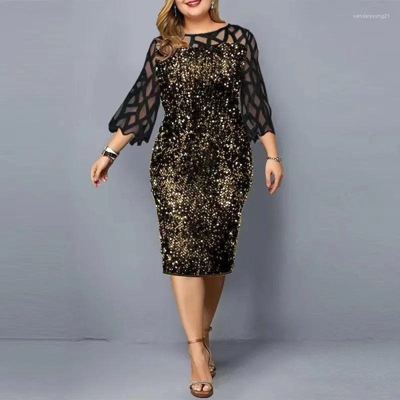 Ethnic Clothing Plus Size Women Elegant Sequin Evening Wedding Party Dress Ladies Fashion Green Mesh Sleeve Casual Club Outfits