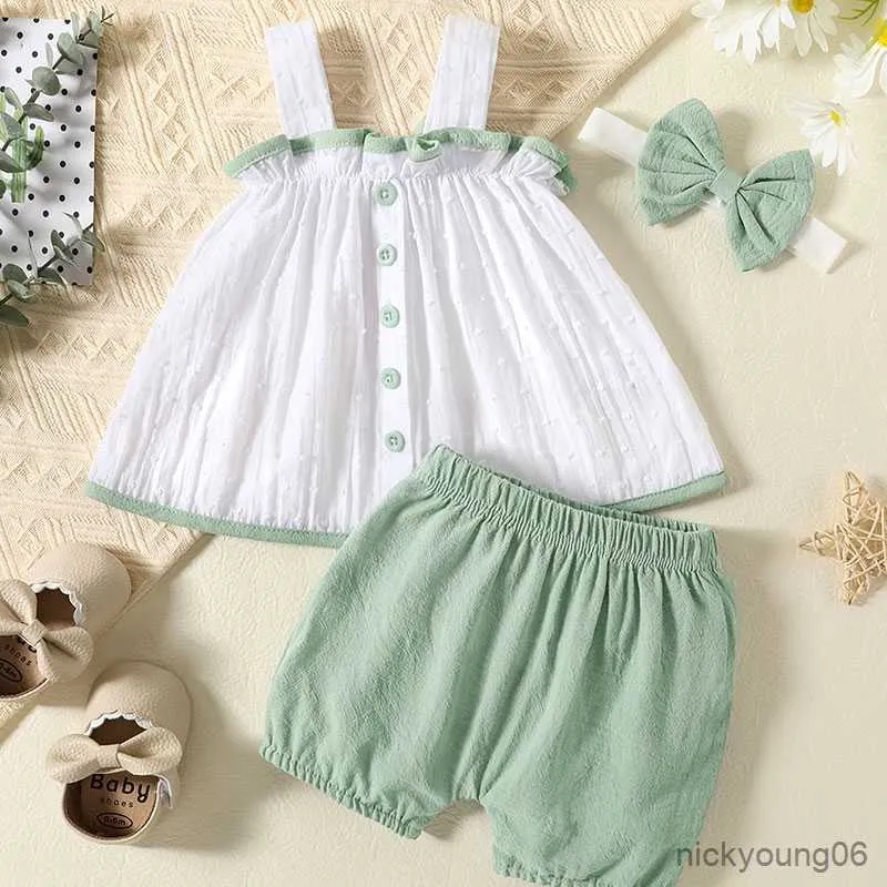 Clothing Sets 3M-24M Baby Girl Cotton Jacquard Color Suspender with Green Shorts and Bow Three-piece Suit Suitable for Summer Wear