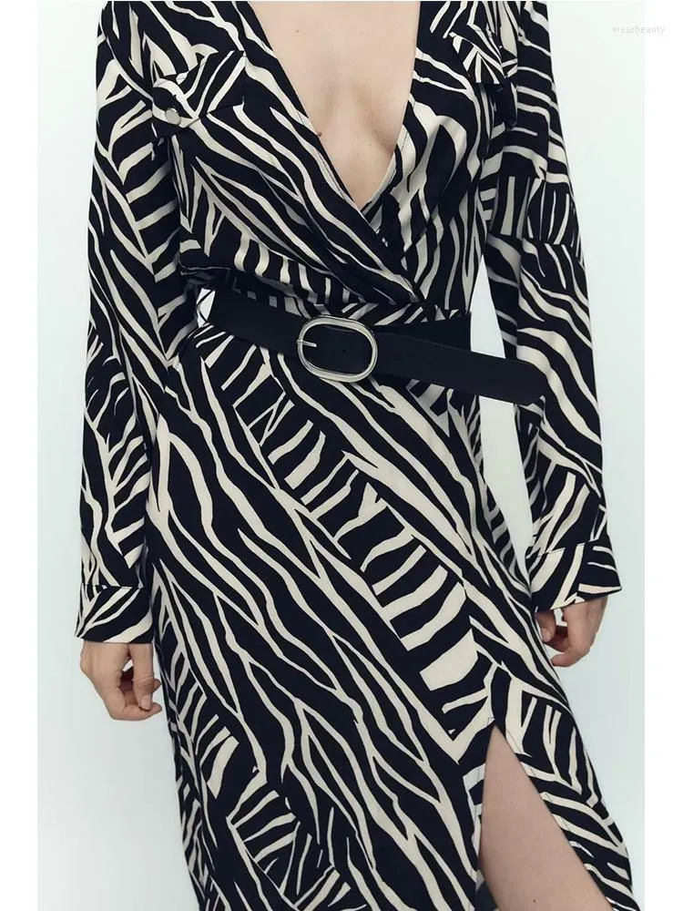 Casual Dresses Women Vintage Animal Print Long Shirt Dress with Belt Fashion Female A-Line Spring Vestido