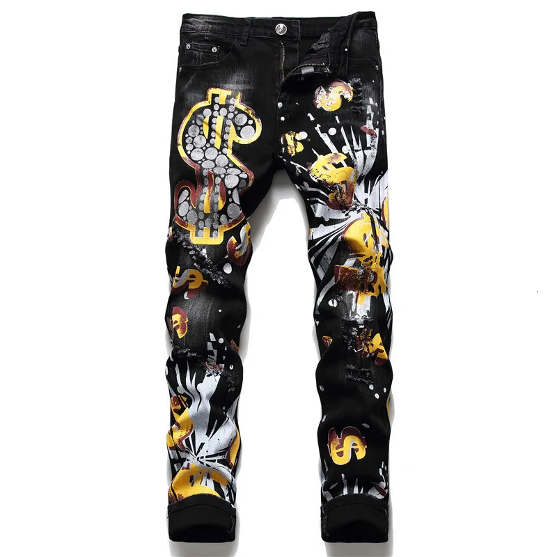 Erkekler Kot Bahar Erkekler Siyah Denim Pantolon Baskılı Sokak Giyim Hip Hop Yırtık Delikler Kot Moda Harajuku Denim Pantolon Jean Homme 230529