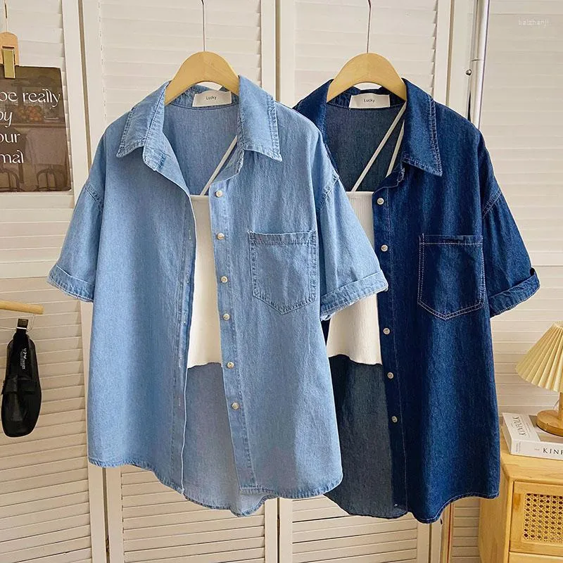 Women's Blouses Chic Two Piece Shirts For Women Denim Turn-down Collar 2 Pieces Jeans Short Sleeve Korean Fashion Shirt Female Dropship