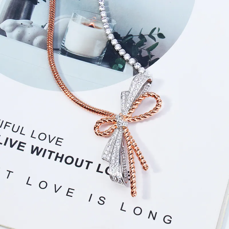 silver gold cross bow fine chain diamond Pendants long necklaces for women trendy Luxury designer jewelry Party Christmas Wedding gifts girls Engagement cool