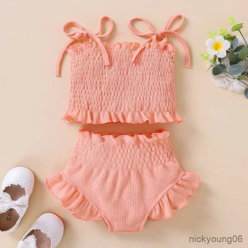 Clothing Sets Newborn Kids Baby Girl Short Summer Clothes 2023 Strap Ruched Solid Color Tops Shorts Items to