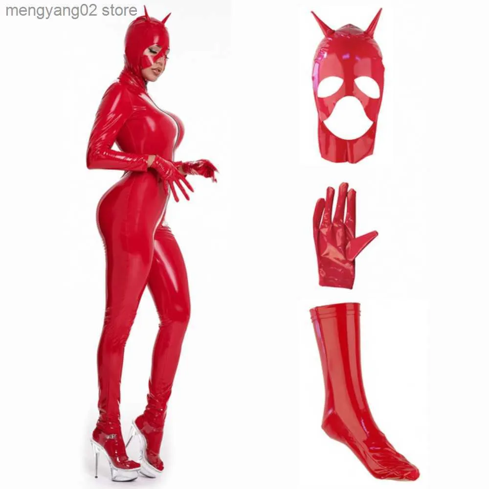 Sexy Set Femmes Sexy Wetlook Latex Catsuit avec Masque PVC Faux Cuir Combinaison Dame Érotique Venez PU Lingerie Body Clubwear Plus La Taille T230530